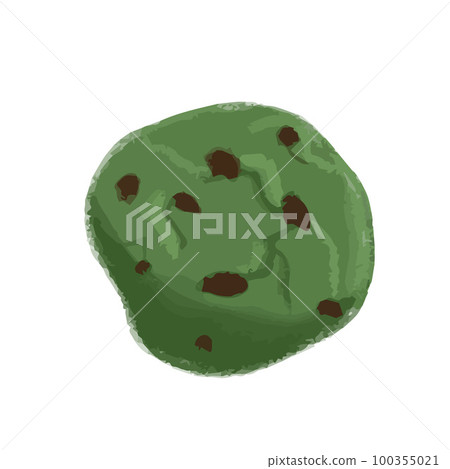 Isolated hand drawn illustration of green matcha cookie with chocolate chips Isolated hand drawn illustration of green matcha cookie with chocolate chips 100355021