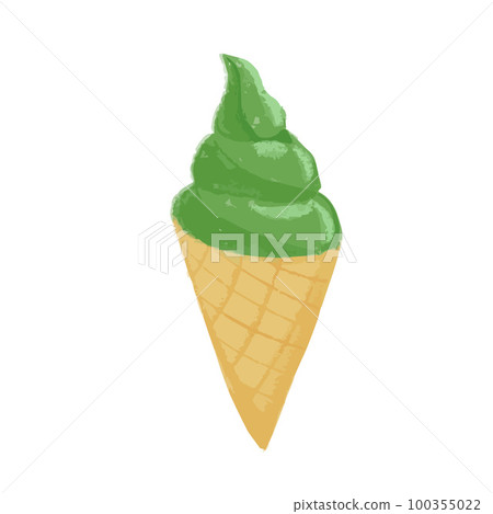 Isolated hand drawn illustration of green matcha ice cream in a cone 100355022