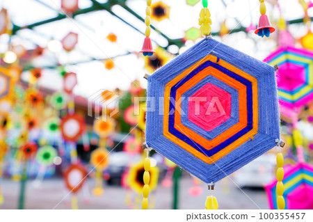 Artifacts made from colored silk threads to decorate buildings 100355457