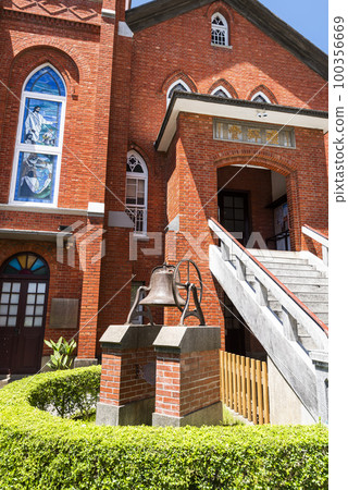 Redbrick building view of Tamsui Church in New Taipei City, Taiwan. The church was built in a mock-Gothic style. 100356669