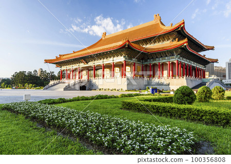 Building view of the National theater in the National Taiwan Democracy Memorial Hall, Taipei, Taiwan. Magnificent Chinese-style palace building. 100356808