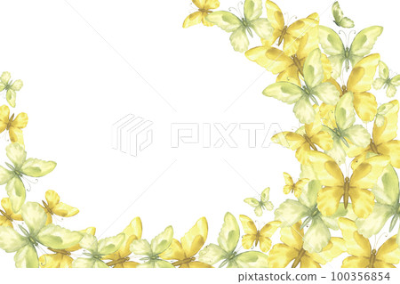 Watercolor illustration with delicate green and yellow butterflies flying in the stream. For the design and decoration of frames, banners, postcards, certificate. Watercolor illustration with delicate green and yellow butterflies flying in the stream. For the design and decoration of frames, banners, postcards, certificate. 100356854