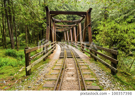 The old forest railway section of the Shuishan Trail at Alishan Forest Recreation Area in Chiayi, Taiwan. Now obsolete and unable to operate. 100357398