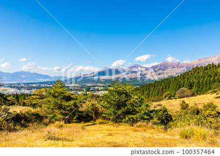 View of Mt. Aso from the cedar trees of Takamoridono [Takamori-cho, Aso-gun, Kumamoto Prefecture] 100357464