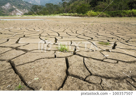 Dry lake bed with the natural texture of cracked clay on the perspective land.  100357507