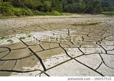 Dry lake bed with the natural texture of cracked clay on the perspective land. Dry lake bed with the natural texture of cracked clay on the perspective land. 100357510
