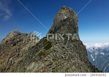 Hotaka mountain range and Gendarme rocky peaks seen from the saddle with donkey ears 100358301