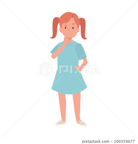 Full length of children cute little girl stand and thinking. Flat cartoon vector illustration Full length of children cute little girl stand and thinking. Flat cartoon vector illustration 100359877
