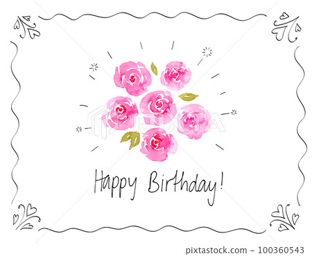 帶水彩花和框架的生日生日賀卡 100360543