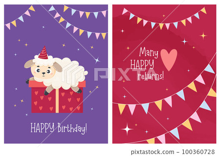 Cute sheep in birthday hat lies on gift box. Cool collection greeting vertical cards Happy birthday. Vector illustration in cartoon flat style 100360728