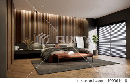 Modern elegant bedroom interior design with furniture, wooden wall and parquet floor. 3d rendering background 100361448
