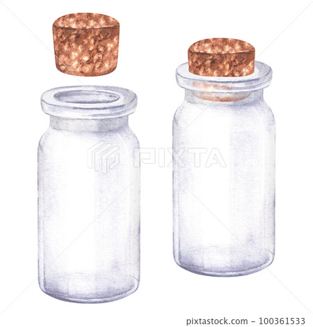 Watercolor illustration. Small glass bottle with stopper open and closed. Empty vial. Isolated on a white background. Blank for text. For the design of stickers, cosmetic brochures, labels Watercolor illustration. Small glass bottle with stopper open and closed. Empty vial. Isolated on a white background. Blank for text. For the design of stickers, cosmetic brochures, labels 100361533
