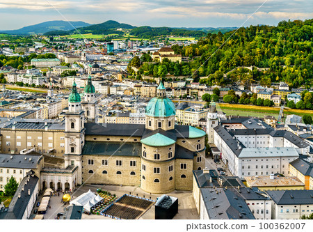 Aerial panorama of Salzburg with Salzburg Cathedral in Austria 100362007