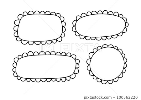 Doodle circle and square scalloped frames. Hand drawn scalloped edge rectangle and ellipse shapes. Simple label form. Flower silhouette lace frame. Vector illustration isolated on white background 100362220