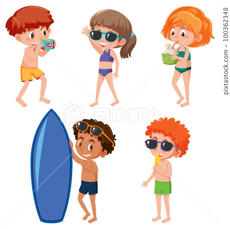 Set of children cartoon character wearing swimsuit Stock