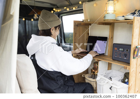 一名年輕女子在旅行時在車里工作的遠程辦公形象 一名年輕女子在旅行時在車里工作的遠程辦公形象 100362407