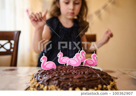 Selective focus on the pink flamingo candles, on the birthday cake with chocolate icing and nuts, on blurred background of charming baby girl making cherished wish at her birthday party. 100362907