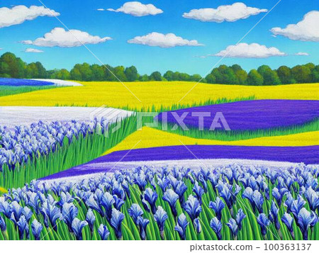 Iris garden, blue flowers, AI illustration Iris garden, blue flowers, AI illustration 100363137