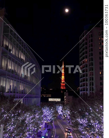 六本木夜景東京鐵塔和櫻花 100363731