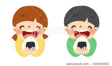 Illustration set of girls and boys eating rice balls deliciously 100363981
