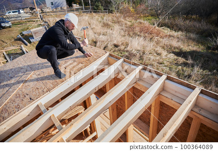 Carpenter hammering nail into OSB panel on the roof top of future cottage. Man worker building wooden frame house. Carpentry and construction concept. 100364089