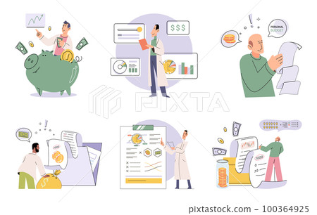 Set of people analyzing personal or corporate budget. Concept of finance accounting and calculation Set of people analyzing personal or corporate budget. Concept of finance accounting and calculation 100364925