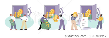 Person analyzes profit weighing earnings on scales, income, expenses money. Business profit increase Person analyzes profit weighing earnings on scales, income, expenses money. Business profit increase 100364947