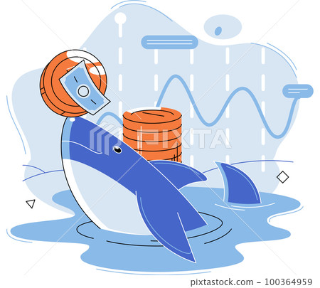Shark emerges from water and holds gold coins on its nose. Inexperienced investor, bad investment Shark emerges from water and holds gold coins on its nose. Inexperienced investor, bad investment 100364959