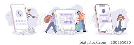 Hacker activity big set. Hacking computer. Phishing account, cyber attack on personal data 100365020