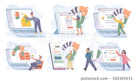 Internet fraud concept. Privacy, information security. Online scam. Hackers and cybercriminals set 100365031
