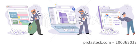 Hacker activity big set. Hacking computer. Phishing account, cyber attack on personal data 100365032