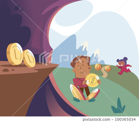 Happy man power from gaming with cryptocurrency, gameplay to earn, NFT, Metaverse, digital world 100365034