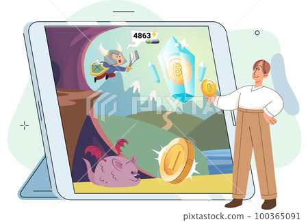 Happy man power from gaming with cryptocurrency, gameplay to earn, NFT, Metaverse, digital world Happy man power from gaming with cryptocurrency, gameplay to earn, NFT, Metaverse, digital world 100365091