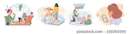Children at home with phones and tablets set. Kids remote education, toddlers use smart technologies Children at home with phones and tablets set. Kids remote education, toddlers use smart technologies 100365093