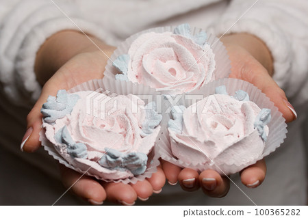 A woman holds a homemade marshmallow in her hands. Zephyr flowers. Close-up. A woman holds a homemade marshmallow in her hands. Zephyr flowers. Close-up. 100365282