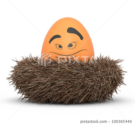 Farm brown painted egg with expressions and funny face in bird nest Farm brown painted egg with expressions and funny face in bird nest 100365440