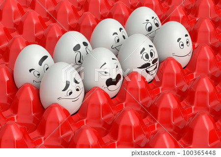 Farm white egg with expressions and funny face in plastic tray or cardboard 100365448