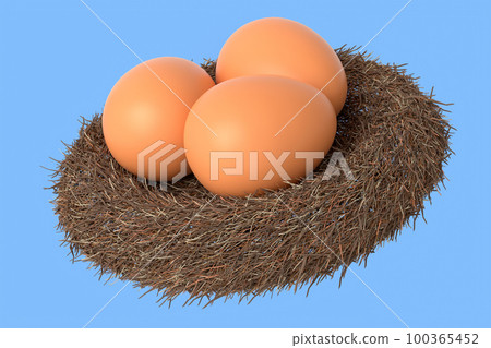 Farm raw organic brown eggs bird nest isolated on blue background 100365452