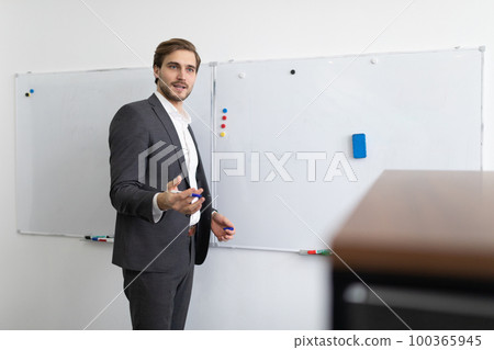 a man financial analyst discusses the affairs of the company standing near the blackboard a man financial analyst discusses the affairs of the company standing near the blackboard 100365945