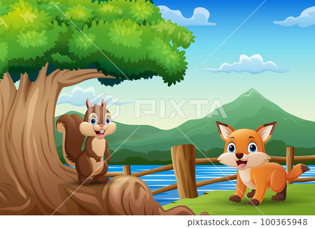 Cartoon fox and squirrel in the jungle 100365948