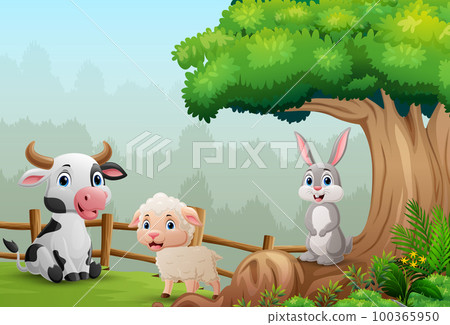 Cartoon farm animals in the jungle 100365950