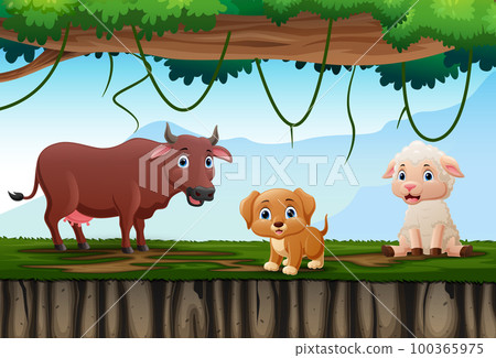 Cartoon farm animals in the jungle Cartoon farm animals in the jungle 100365975
