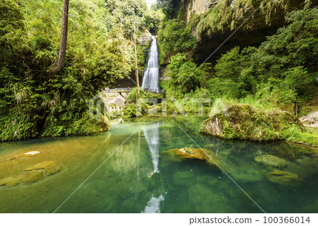 Beautiful view of the Songlong Waterfall at Sun-Link-Sea Vacation Resort in Nantou, Taiwan.  Close-up of Waterfall in Nantou, Taiwan.  100366014