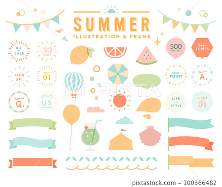 Summer simple illustration and frame set fruit ribbon speech bubble decoration decoration sun frame flag August 100366482