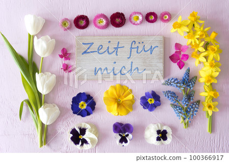 Flat Lay With Spring Flower Blossoms, Zeit Fuer Mich Means Time For Me 100366917