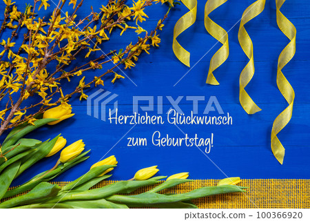 Spring Flowers Decoration, Branch, Ribbon, Geburtstag Means Happy Birthday Spring Flowers Decoration, Branch, Ribbon, Geburtstag Means Happy Birthday 100366920