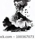 Erupting volcano, ink and watercolor drawing on white paper 100367073