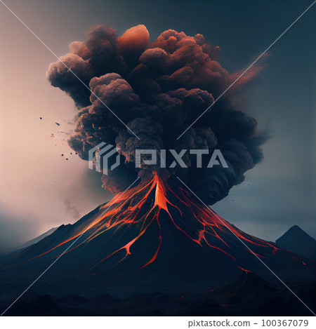 Erupting volcano against dark sky, stock illustration 100367079