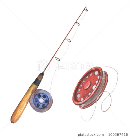 Fishing rod watercolour illustration. Tool to catch fish. One single object, blue, red, brown colours. Hand drawn water color sketchy painting on white Fishing rod watercolour illustration. Tool to catch fish. One single object, blue, red, brown colours. Hand drawn water color sketchy painting on white 100367416