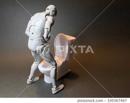 A man who forgets to lift the toilet seat and stands in the toilet to relieve himself 100367467